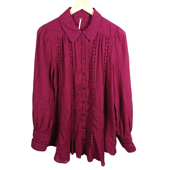 Free People Burgundy Button Down Top, Long Sleeve, Embroidered. Full Cut, Medium - Picture 1 of 16